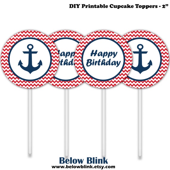 Nautical Happy Birthday Cupcake Toppers Birthday Printable Cupcake Toppers Nautical Theme Party Anchor Gift Tags Instant Download DP991 Il_570xn