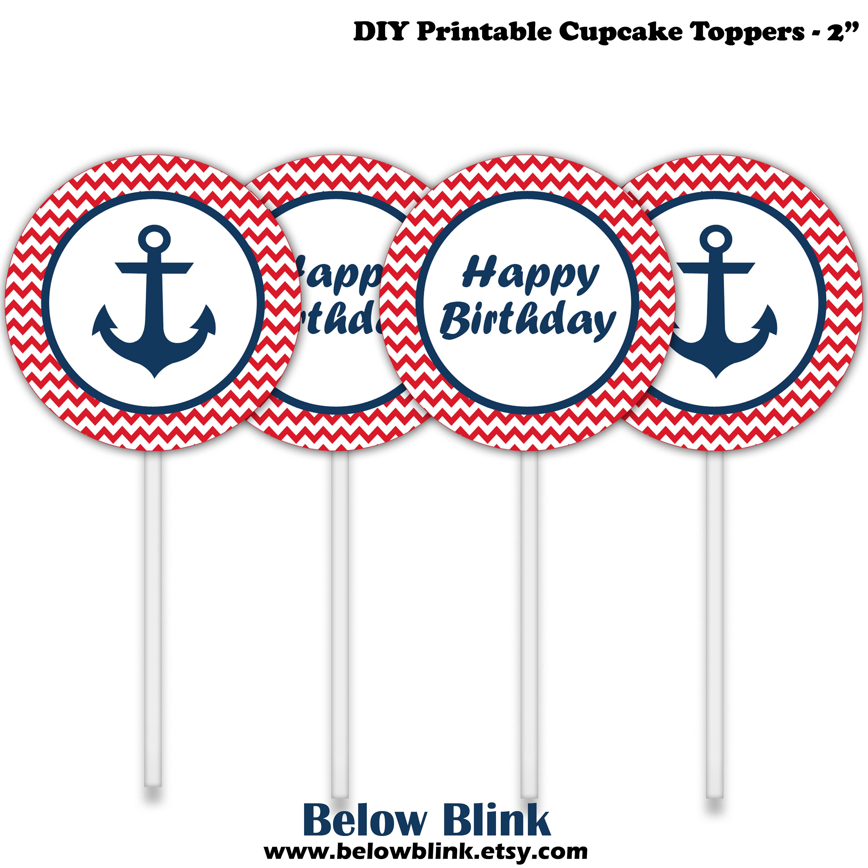 Nautical Gold Anchor Printable Cupcake Toppers Party Favor Tags 
