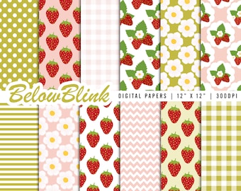 Strawberry Digital Paper, Seamless Backgrounds, Scrapbook Paper, Printable Papers, Birthday, Gingham, Polka Dots, Chevron - DP1092