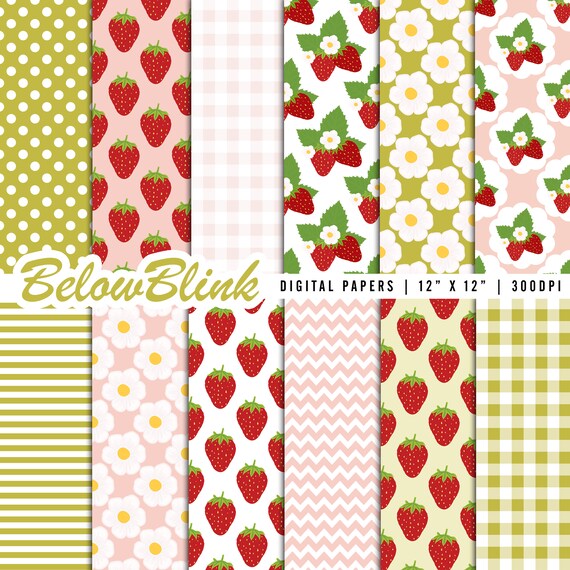 Strawberry Digital Paper, Seamless Backgrounds, Scrapbook Paper, Printable Papers, Birthday, Gingham, Polka Dots, Chevron - DP1092 Il_570xn