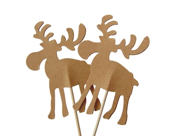 Moose Cupcake Toppers 12CT, Woodland Baby Shower Party Decorations, Moose Party Picks, Lumberjack Theme Party Decor, Kraft Brown - No486