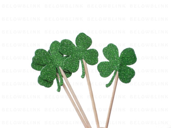 24 St. Patrick's Day Glitter Green Shamrock Four-Leaf Clover Party Picks, Toothpicks, Cupcake Toppers, Food Picks - No1055 Il_570xn