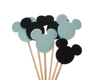 24 Black and Light Blue Mickey Mouse Cupcake Toppers, Boy Baby Shower Party Decorations - No646