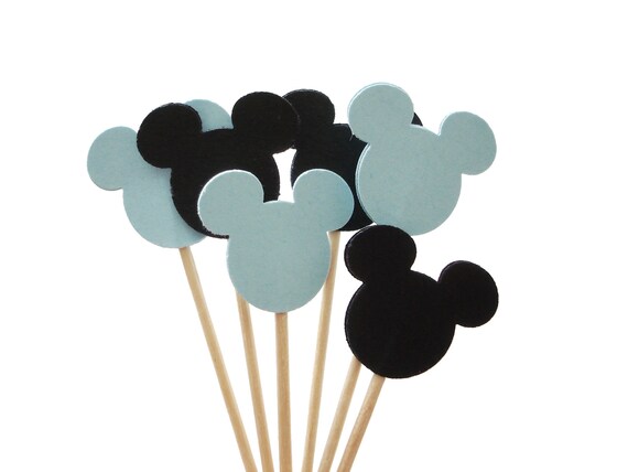 24 Black And Light Blue Mickey Mouse Cupcake Toppers Boy Baby