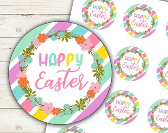 Floral Happy Easter Stickers, Printable Happy Easter Labels, Happy Easter Cupcake Toppers, Instant Download - DP1028