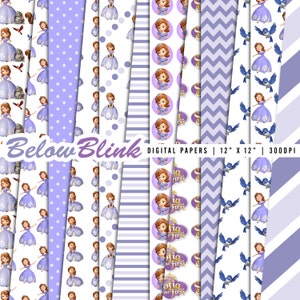 May include: A collection of digital papers featuring various patterns and illustrations. Designs include a princess in a purple dress, polka dots, stripes, and chevron patterns. The papers are 12" x 12" and include the text "Below Blink" and "Digital Papers".