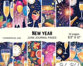 New Year Junk Journal Pages Printable, New Year Digital Paper Pack, Collage Sheets, Firework Backgrounds, Ephemera, Scrapbook Paper