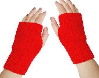 Red Knit Fingerless Gloves: Acrylic Winter Wrist Warmers