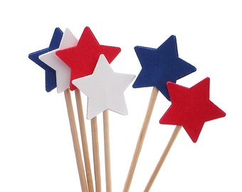 4th of July Star Cupcake Toppers 24CT, Star Party Picks, Fourth of July Cupcake Topper, 4th of July Star, Red, White, Blue - No983