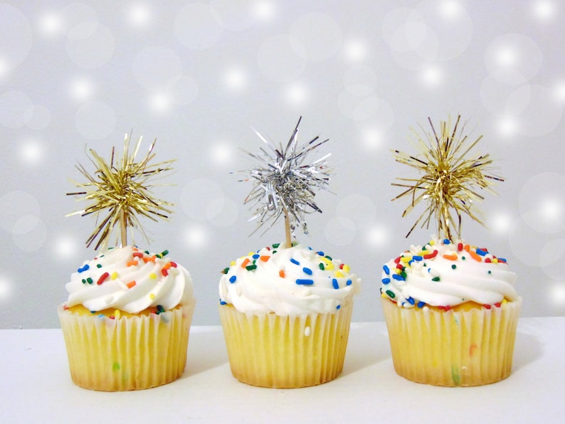 12 Sparkle Gold or Silver Tinsel Cupcake Toppers Etsy