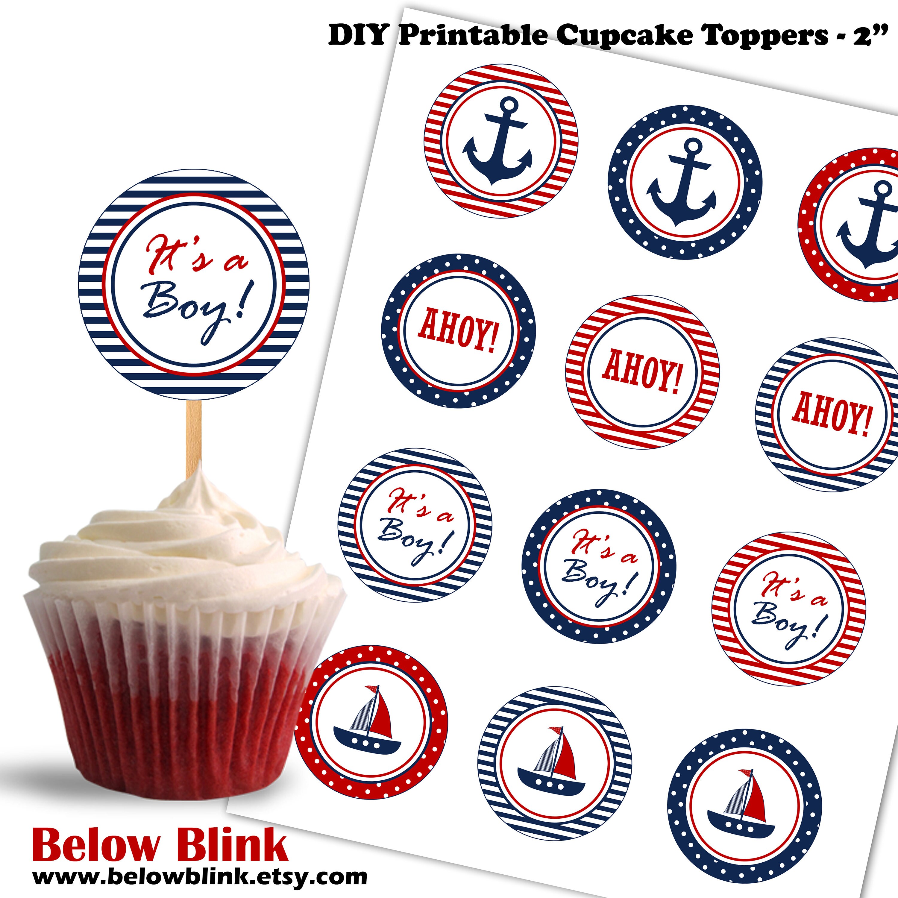 Nautical Cupcake Toppers Birthday Printable Cupcake Toppers Etsy