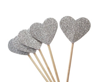 Glitter Silver Heart Cupcake Toppers 24CT, Heart Food Picks, Silver Toothpicks, Wedding Party Decoration, Valentines Day, Engagement - No236