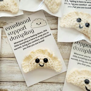 May include: A white crocheted dumpling with black eyes and a smiling mouth. The dumpling is attached to a white card with the text "emotional support dumpling" and a message about feeling down and being reminded that you are loved.