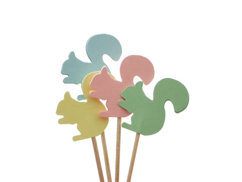 24 Pastel Squirrel Cupcake Toppers, Food Picks, Toothpicks, Food Picks, Appetizer Picks, Birthday Party Decoration No535 image 2