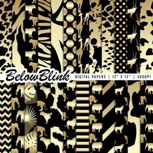 Jungle Digital Paper, Safari Gold Animal Skin Patterns, Scrapbook Papers, Giraffe, Elephant, Rhino, Gold Chevron, Commercial Use, DP893