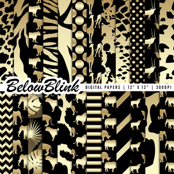 Jungle Digital Paper, Safari Gold Animal Skin Patterns, Scrapbook Papers, Giraffe, Elephant, Rhino, Gold Chevron, Commercial Use, DP893 Il_570xn