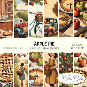 Páginas de diário de papel digital Apple Pie para impressão Fundos de frutas Ephemera para impressão Papel para scrapbook