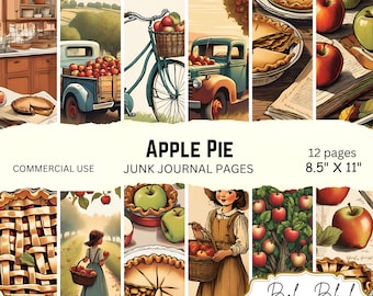 May include: Twelve pages of printable junk journal paper featuring an apple pie theme. The pages include illustrations of apple pies, apples, bicycles, trucks, and a girl with a basket of apples. The text "APPLE PIE" and "JUNK JOURNAL PAGES" is printed at the top of the page. The text "12 pages 8.5" X 11" is printed at the top right corner of the page. The text "Below Blink" is printed at the bottom right corner of the page.