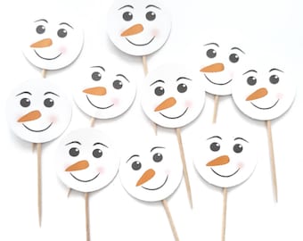 10 Snowman Cupcake Toppers, Snowman Face, Christmas Party Picks, Snowman Sandwich Picks, Snowman Toothpicks, Winter Wonderland - No326