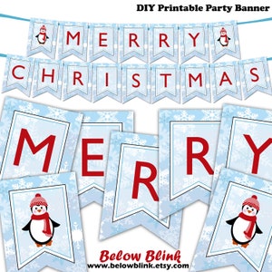 Pinguin Frohe Weihnachten Banner, Schneeflocke druckbare blaue Weihnachten Banner, Fotografie Prop Banner, Urlaub Dekor, Instant Download - DP663