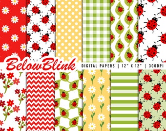 Ladybug Digital Paper, Seamless Backgrounds, Scrapbook Paper, Printable Papers, Baby Shower, Floral, Fabric Design, Birthday - DP1097