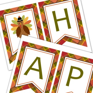 May include: A printable Thanksgiving banner with a turkey and the word "Happy" in green letters on a plaid background.