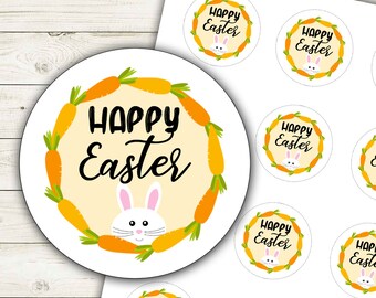 Carrots and Bunny Happy Easter Stickers Printable, Happy Easter Labels, Happy Easter Cupcake Toppers, Instant Download - DP1033