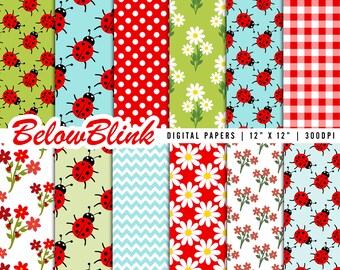 Ladybug Digital Paper, Seamless Backgrounds, Scrapbook Paper, Printable Papers, Baby Shower, Floral, Fabric Design, Birthday - DP1099