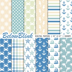 Nautisches Digitales Papier, Nahtlose Hintergründe, Scrapbook Papier, druckbare Papiere, Boot, Anker, Krabbe, Delfin, Fabric Design - DP1116