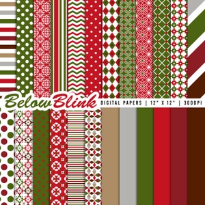 Könnte beinhalten: Ein Set mit 16 digitalen Papieren mit verschiedenen Weihnachtsmustern in Rot, Grün und Weiß. Die Muster umfassen Punkte, Schneeflocken, Streifen und geometrische Designs. Die Papiere sind 30,5 cm x 30,5 cm groß und haben eine Auflösung von 300 DPI.
