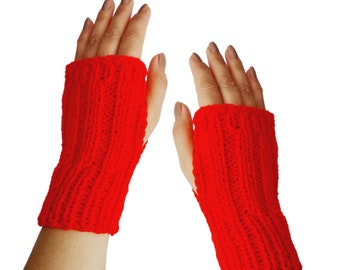 Red Knit Fingerless Gloves: Acrylic Wrist Warmers