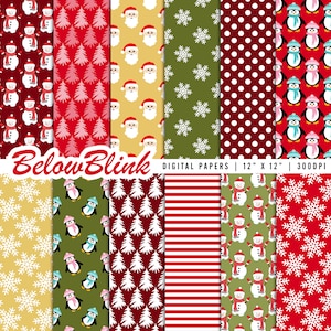 Papel digital de Navidad, Fondos transparentes, Papel de Scrapbook, Patrón de tela imprimible, Copos de nieve, Papá Noel, Pingüino, Muñeco de nieve - DP1133