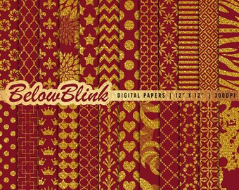 May include: Set of 12 digital papers featuring gold glitter patterns on a burgundy background. The patterns include geometric shapes, crowns, hearts, and floral designs. The text "Below Blink Digital Papers | 12" x 12" | 300 DPI" is at the bottom of the image.