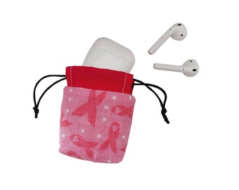 Breast Cancer Awareness Mini Drawstring Pouch, Airpod Case, Earbud Pouch, Sac Pochon, Mini Gift Bag, Treasure Bag, Jewelry Pouch, Pink