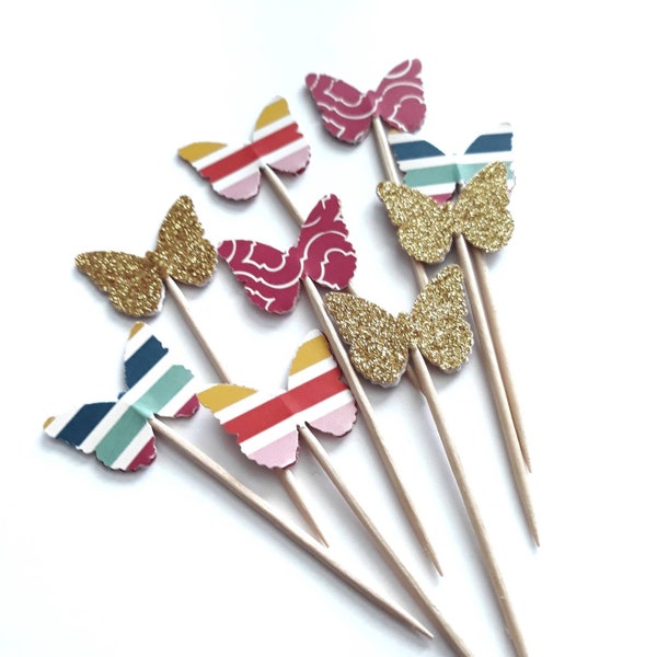 24 Butterfly Cupcake Toppers, Stripes, Pink Damask and Glitter Gold Butterfly, Butterfly Baby Shower, Spring Party - No336
