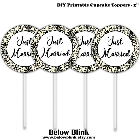 Just Married Cupcake Toppers, Printable Wedding Party Decor, Food Picks