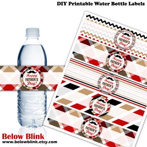 May include: Printable water bottle labels with a red, white, and black plaid pattern. The labels feature a circle with the text "Happy Father's Day!" and a black mustache.
