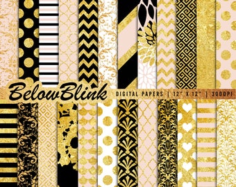 May include: Set of 12 digital papers featuring gold and black patterns on a white and pink background. The patterns include polka dots, stripes, chevron, damask, and geometric designs. The papers are 12 inches by 12 inches and 300 DPI.