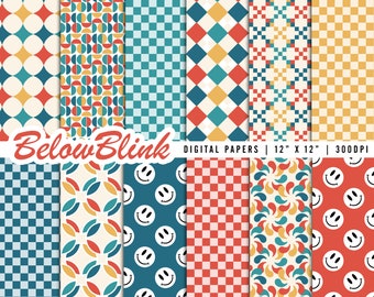 Retro digitaal papier, naadloze achtergronden, plakboekpapier, blij gezicht afdrukbare papieren, stofpatroon, junk Journal - DP1171
