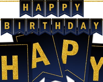 Happy Birthday Banner, Navy Blue and Gold Banner, Birthday Garland, Printable Birthday Banner, Bunting Banner, Instant Download DP974