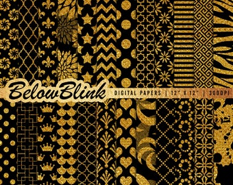 Black and Gold Digital Paper background scrapbooking gold sparkle instant download gold foil luxury - DP531