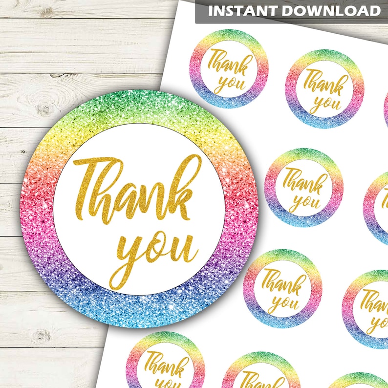Glitter Rainbow Thank You Stickers Printable Thank You Etsy