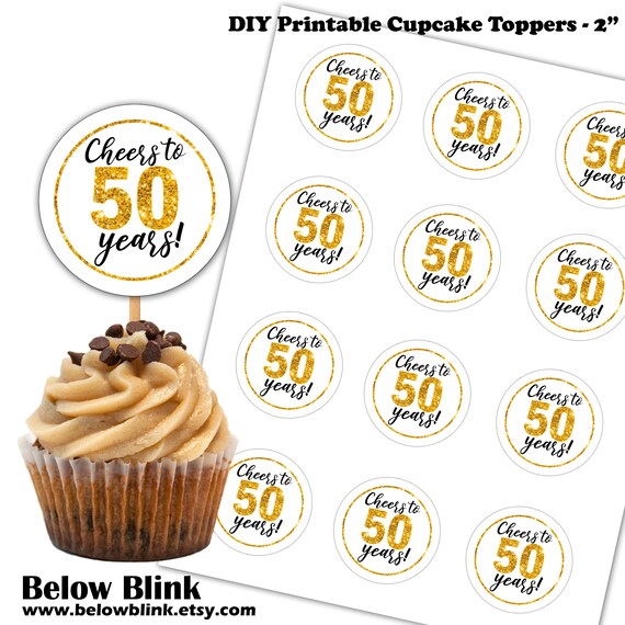 Cheers to 50 Years Cupcake Toppers, 2" Round Tags, Favor Tags, Confetti, Anniversary, Gold White, Birthday Stickers, Instant Download DP869 Il_570xn