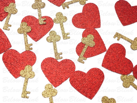 50 Glittered Red Gold Hearts and Keys Confetti, Valentine's Day Decorations, Paper Crafts and Party Supplies - No288 Il_570xn