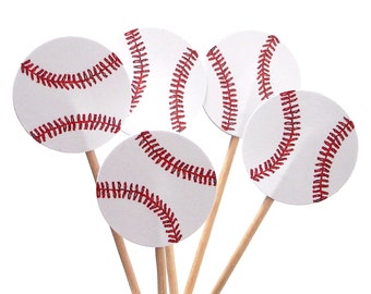 24 Baseball Cupcake Toppers, Food Picks, Sandwich Picks, Toothpicks, Baseball Theme Party Decor - No967