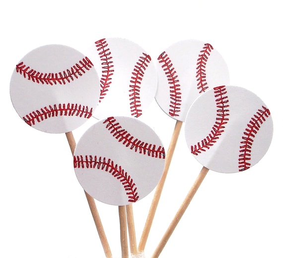 24 Baseball Cupcake Toppers, Food Picks, Sandwich Picks, Toothpicks, Baseball Theme Party Decor - No967 Il_570xn