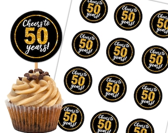 Cheers to 50 Years Cupcake Toppers, 2" Round Tags, Favor Tags, Confetti, Anniversary, Gold Black, Birthday Stickers, Instant Download DP857
