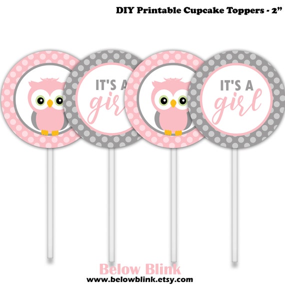 Owl Cupcake Toppers, It's a Girl Cupcake Toppers, 2" circles, Pink Gray ...