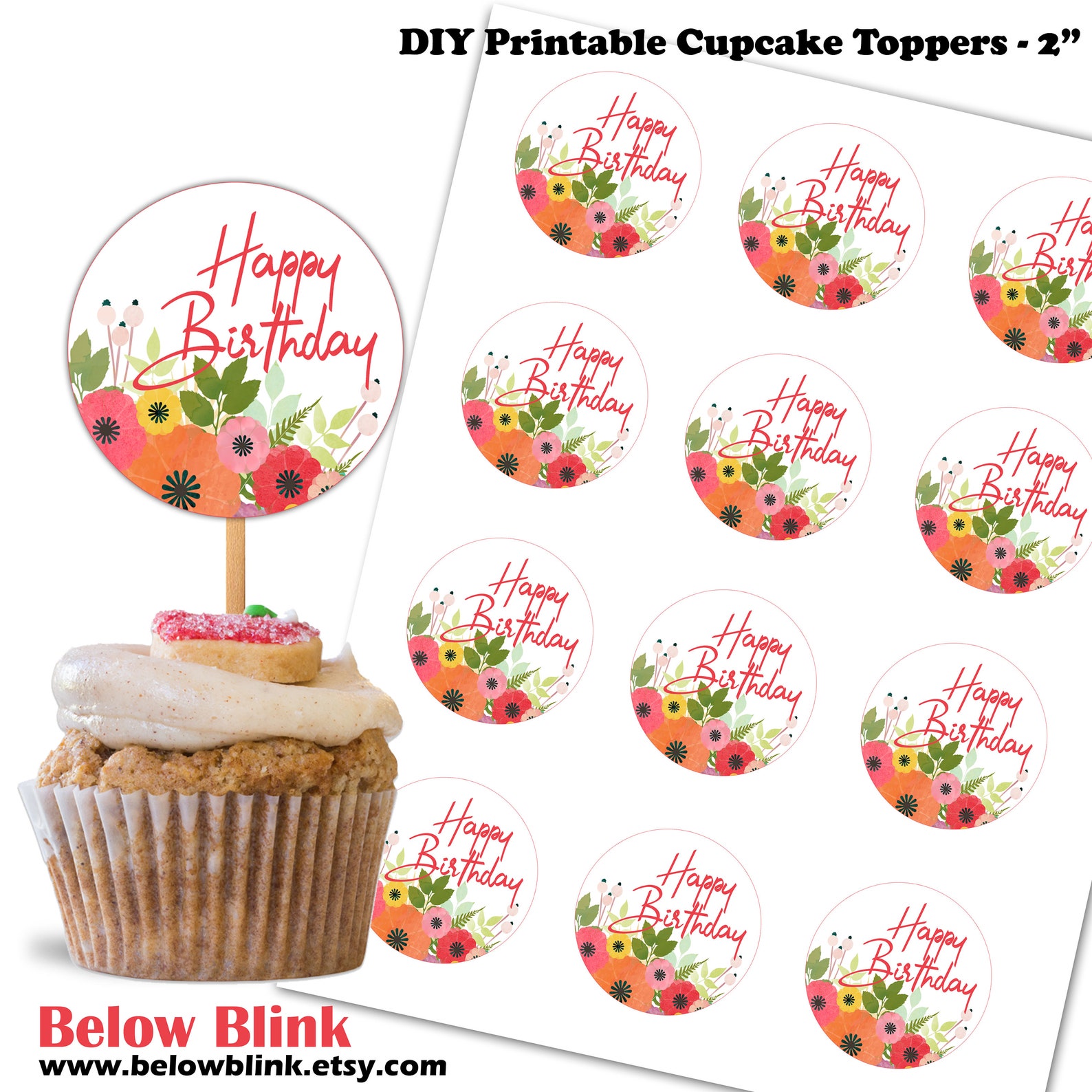 Happy Birthday Cupcake Toppers Floral Toppers 1st Birthday Etsy UK