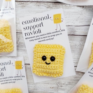 May include: A yellow crocheted ravioli with a smiling face, attached to a white card with the text "emotional support ravioli" and "Whenever you need a little comfort, this cozy ravioli is here to wrap you in warmth and joy!"